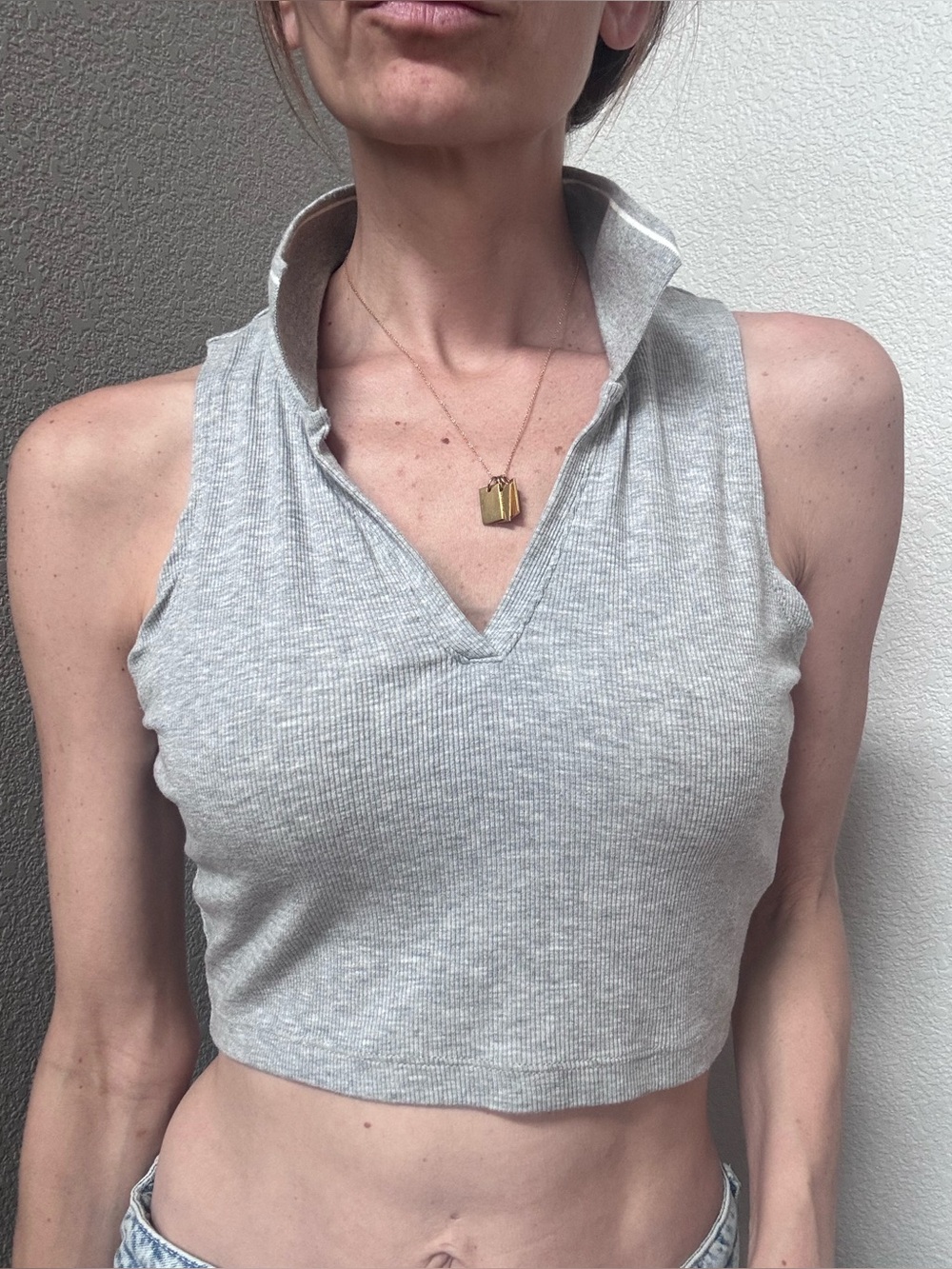 Madewell Ribbed Collared Crop Tank Grey Women’s M Casual Streetwear